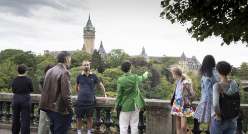 Group of visitors looking at the view of the BCEE building