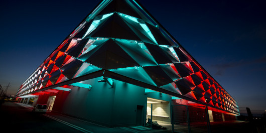 The exterior of the Stade de Luxembourg at night